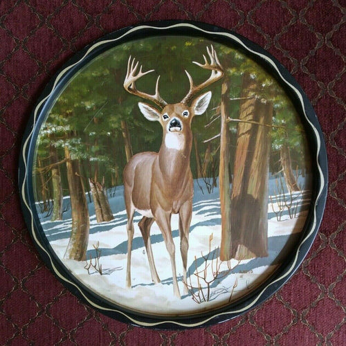 Vintage Decorative Deer Tin Serving Tray Art by James L Artig Plate 11 inch