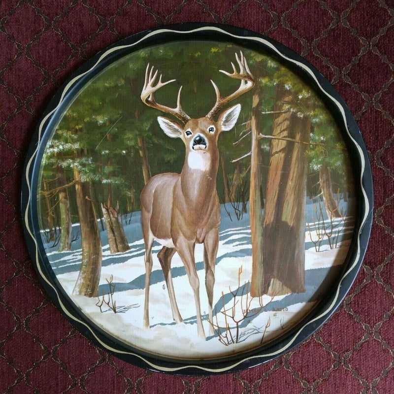 Load image into Gallery viewer, Vintage Decorative Deer Tin Serving Tray Art by James L Artig Plate 11 inch
