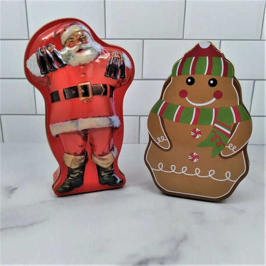 Holiday Christmas Tins Set of 2 Santa Claus and Ginger Bread Man