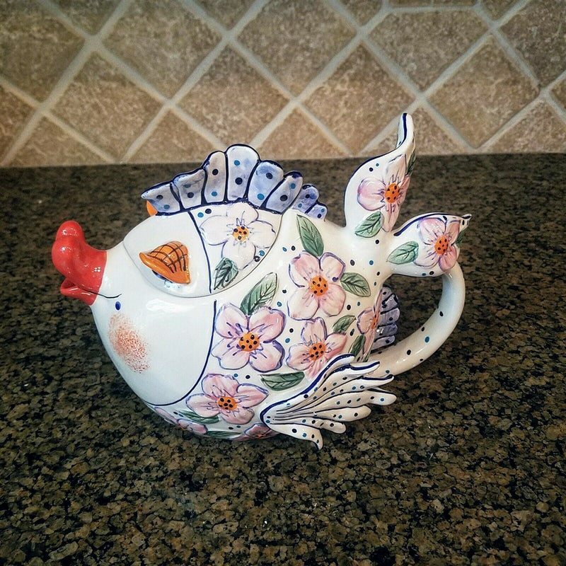 Load image into Gallery viewer, Flower Fish Teapot Pink Ceramic Decorative Kitchen Decor Blue Sky Diane Artware
