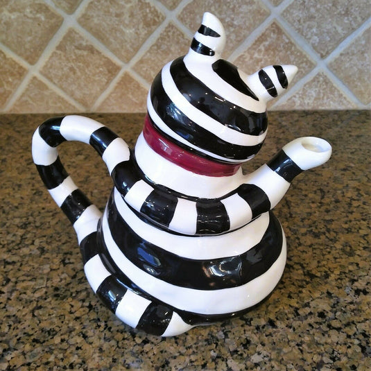 Black & White Cat Teapot Decorative Kitchen Decor Blue Sky by Heather Goldminc