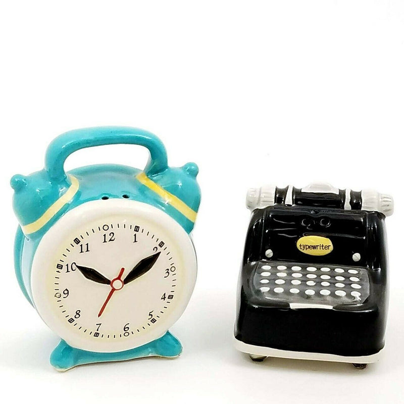 Load image into Gallery viewer, Salt Pepper Set Typewriter and Clock Collectible Decorative Blue Sky Clayworks
