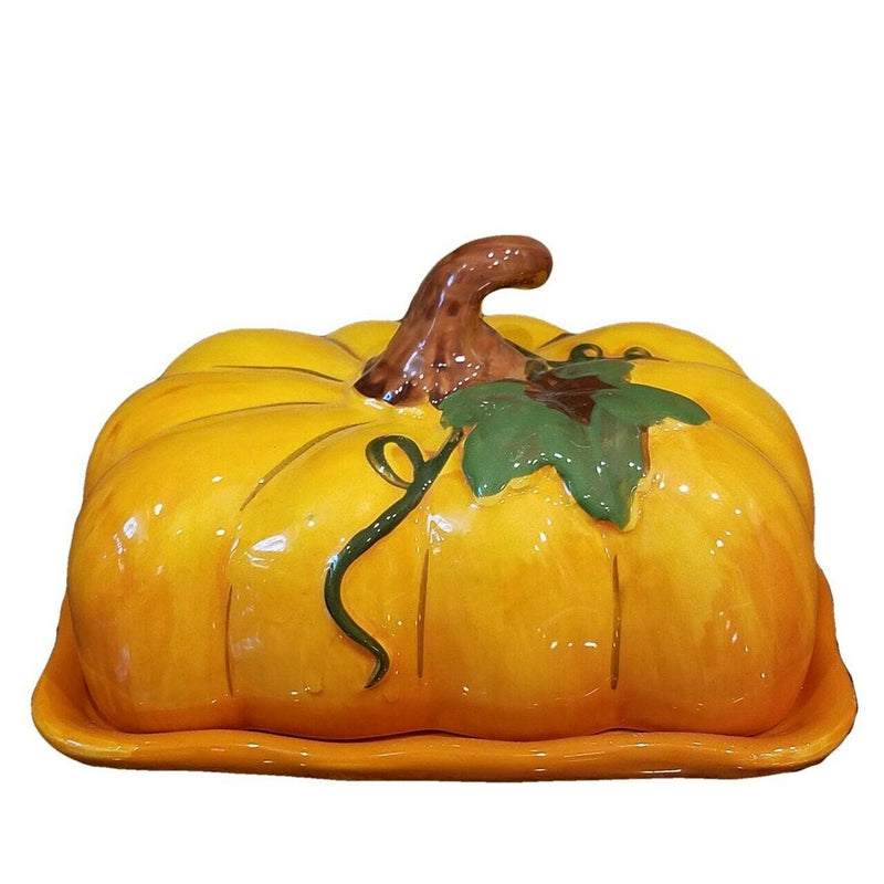 Load image into Gallery viewer, Pumpkin Halloween Butter Dish Ceramic Blue Sky Heather Goldminc Kitchen Decor
