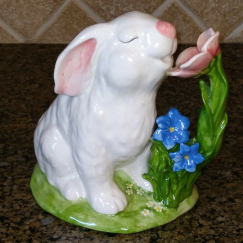 Bunny Smelling Flowers Figurine Decorative Easter Home Décor Blue Sky Clayworks