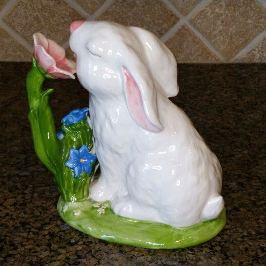 Bunny Smelling Flowers Figurine Decorative Easter Home Décor Blue Sky Clayworks