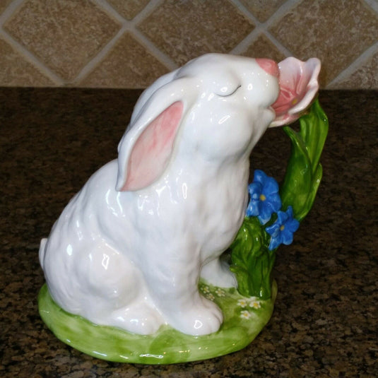 Bunny Smelling Flowers Figurine Decorative Easter Home Décor Blue Sky Clayworks