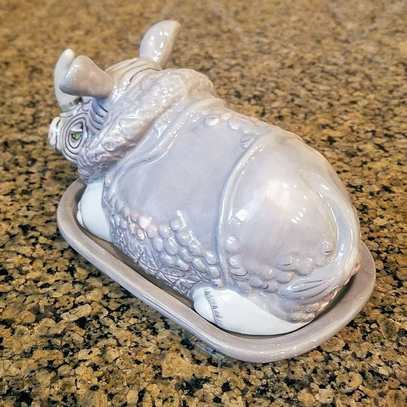 Load image into Gallery viewer, Rhino Butter Dish Ceramic Blue Sky Heather Goldminc Kitchen Decor New

