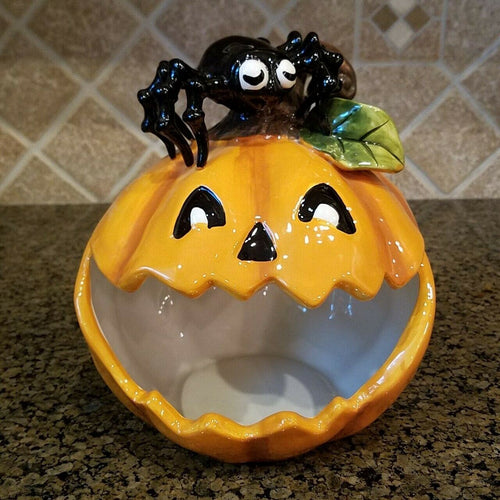 Pumpkin Halloween Spider Candy Bowl Ceramic Blue Sky Kitchen Decor Collectable