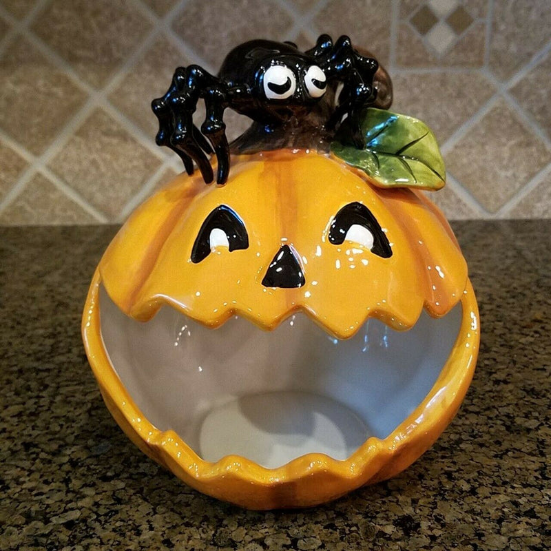 Load image into Gallery viewer, Pumpkin Halloween Spider Candy Bowl Ceramic Blue Sky Kitchen Decor Collectable
