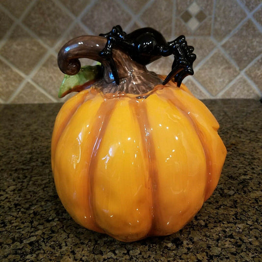 Pumpkin Halloween Spider Candy Bowl Ceramic Blue Sky Kitchen Decor Collectable