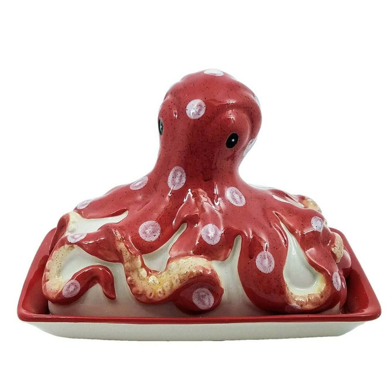 Load image into Gallery viewer, Red Octopus Butter Dish Ceramic Blue Sky Heather Goldminc Kitchen Decor
