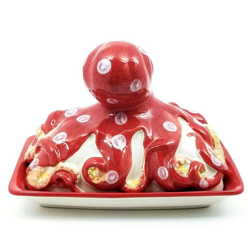 Load image into Gallery viewer, Red Octopus Butter Dish Ceramic Blue Sky Heather Goldminc Kitchen Decor
