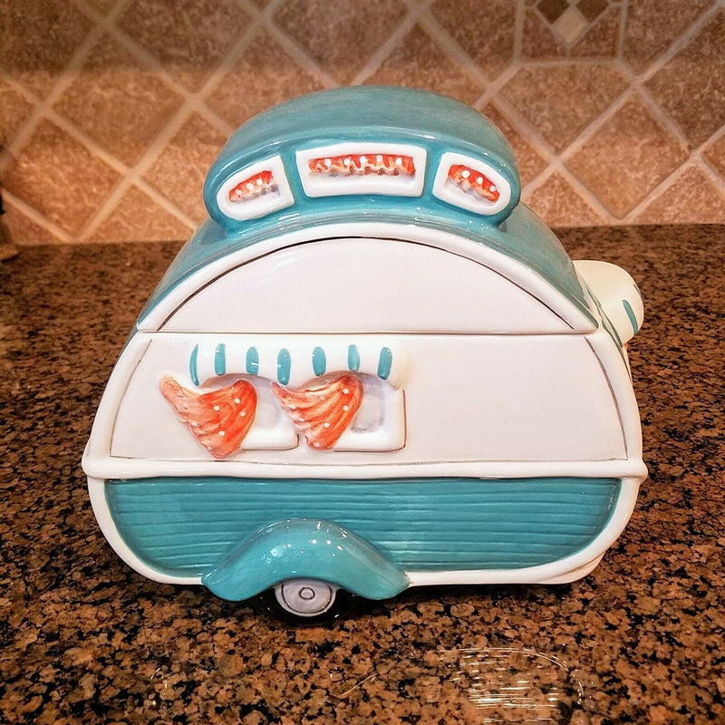 Load image into Gallery viewer, Retro Camper Cookie Jar Turquoise Ceramic Blue Sky Goldminc Kitchen Decor

