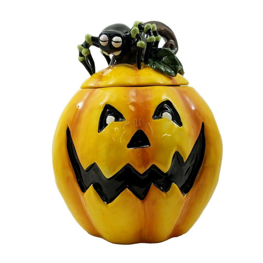 Cookie Candy Jar Pumpkin with Spider Ceramic Kitchen Decorative Collectable