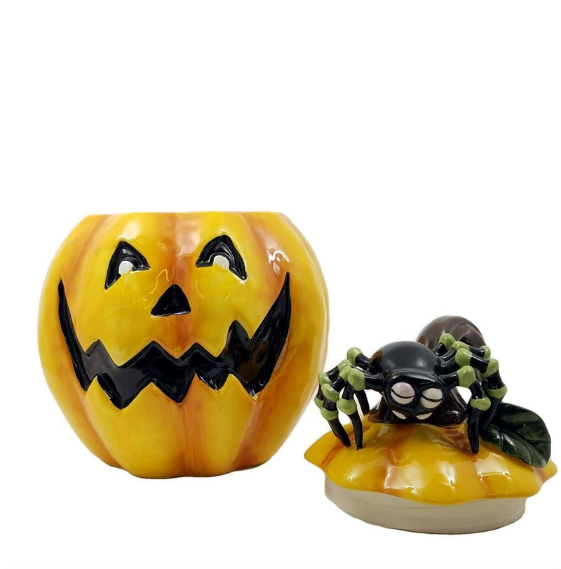 Load image into Gallery viewer, Cookie Candy Jar Pumpkin with Spider Ceramic Kitchen Decorative Collectable
