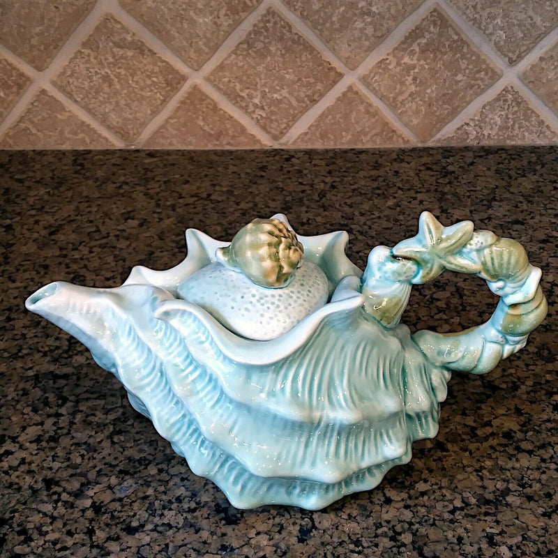 Load image into Gallery viewer, Shell Teapot Blue Decorative Sea Life Conch Cermics Decor Tea Pot by Blue Sky

