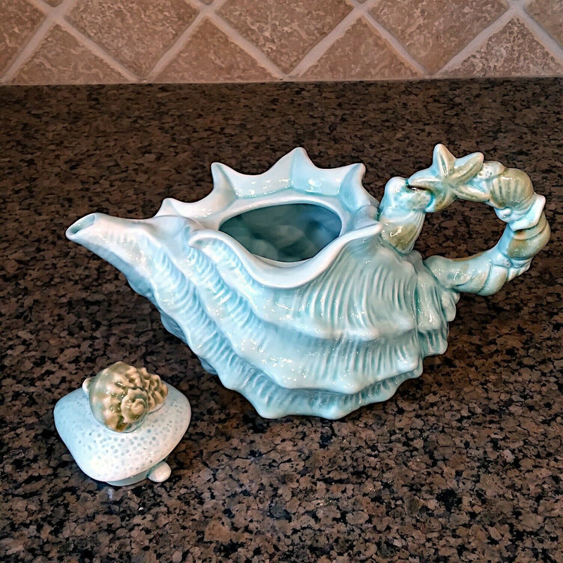 Load image into Gallery viewer, Shell Teapot Blue Decorative Sea Life Conch Cermics Decor Tea Pot by Blue Sky
