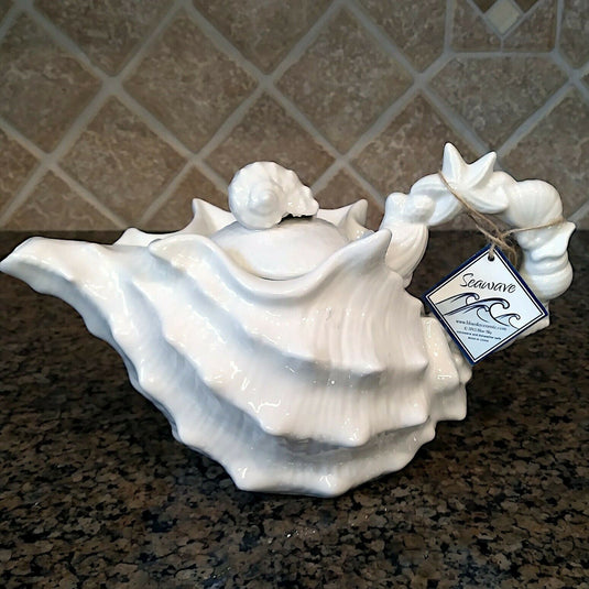Shell Teapot White Decorative Sea Life Ceramics Decor Tea Pot Server by Blue Sky