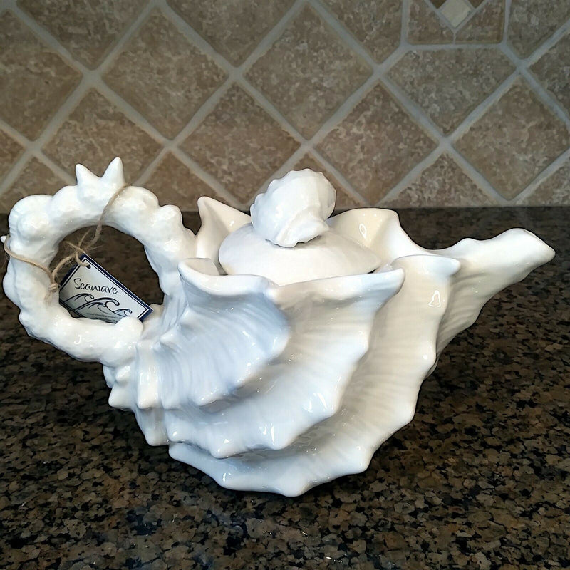 Load image into Gallery viewer, Shell Teapot White Decorative Sea Life Home Decor Tea Pot Server by Blue Sky
