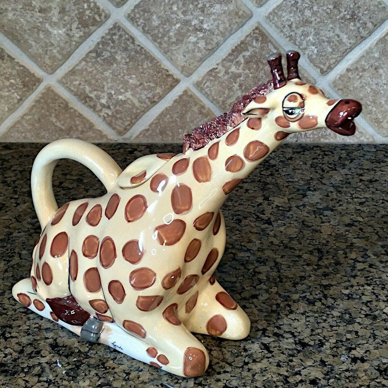 Load image into Gallery viewer, Giraffe Ceramics Teapot Collectible Animal Decor Blue Sky by Lynda Corneille
