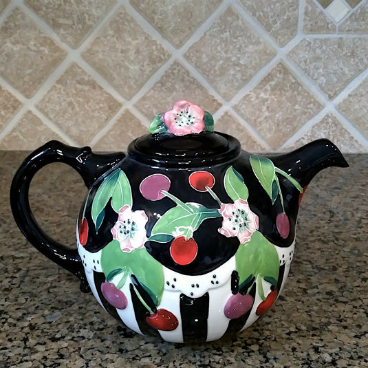 Cherry Floral Teapot Kitchen Decorative Collectable Flower Blue Sky Goldminic