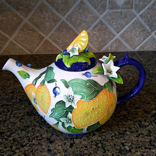 Lemon Floral Teapot Kitchen Decorative Collectable Flower Blue Sky Goldminc