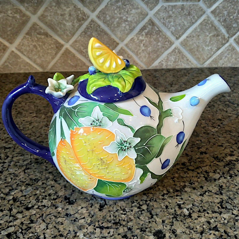 Load image into Gallery viewer, Lemon Floral Teapot Kitchen Decorative Collectable Flower Blue Sky Goldminc
