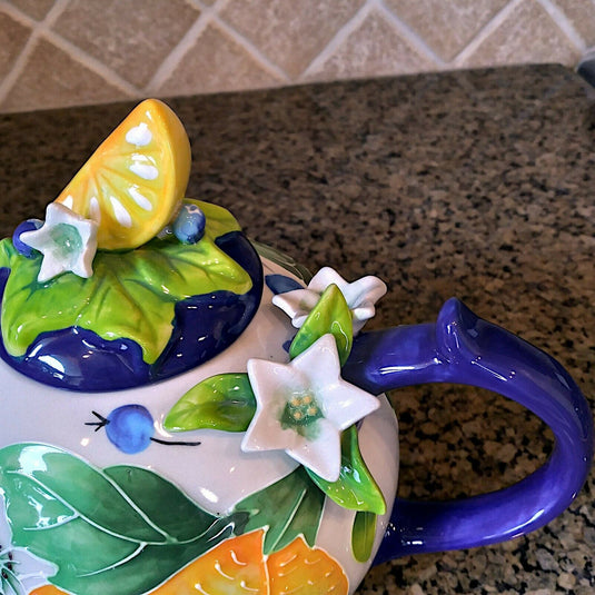 Lemon Floral Teapot Kitchen Decorative Collectable Flower Blue Sky Goldminic