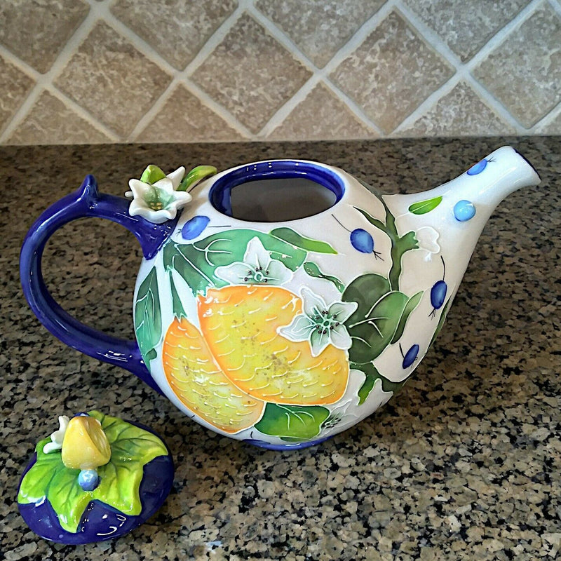 Load image into Gallery viewer, Lemon Floral Teapot Kitchen Decorative Collectable Flower Blue Sky Goldminc
