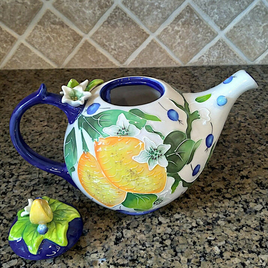 Lemon Floral Teapot Kitchen Decorative Collectable Flower Blue Sky Goldminc