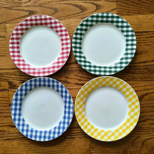Cordon Bleu Summertime Plaid Set of 4 Salad Plates Green, Yellow, Red, Blue 8”