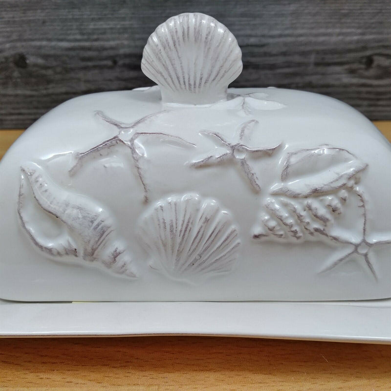 Load image into Gallery viewer, Laguna Coastal White Butter Dish w/Ocean Sea Shells Blue Sky Kitchen Decorative

