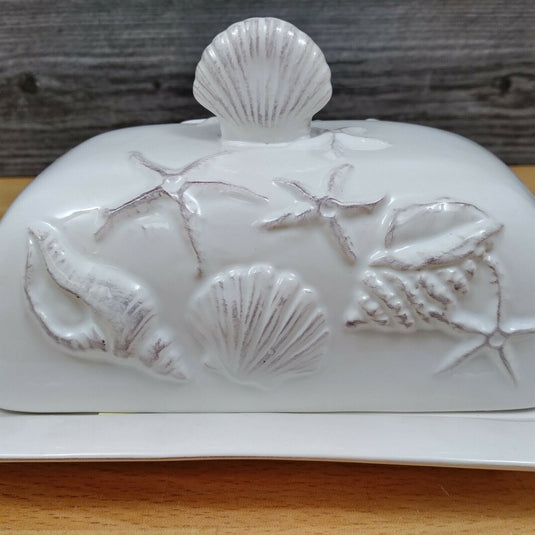 Laguna Coastal White Butter Dish w/Ocean Sea Shells Blue Sky Kitchen Decorative