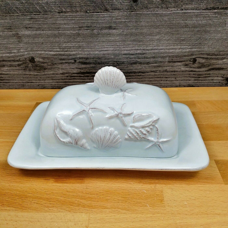 Load image into Gallery viewer, Laguna Coastal Blue Butter Dish with Ocean Nautical Sea Shells by Blue Sky Decor
