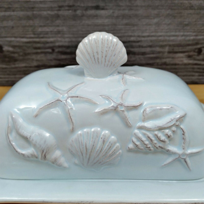 Load image into Gallery viewer, Laguna Coastal Blue Butter Dish with Ocean Nautical Sea Shells by Blue Sky Decor

