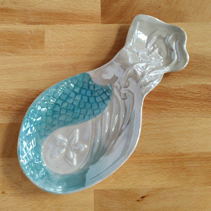 Load image into Gallery viewer, Mermaid Spoon Rest Ceramic Blue Sky Heather Goldminc Kitchen Decor
