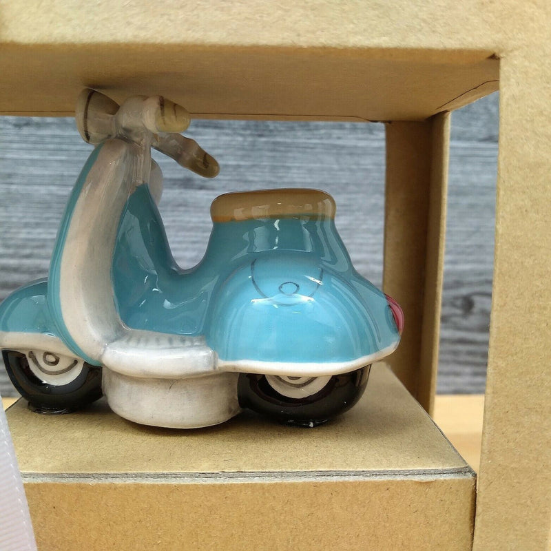 Load image into Gallery viewer, Retro Paris Scooter &amp; Eiffel Tower Salt Pepper Set Decorative Blue Sky Clayworks
