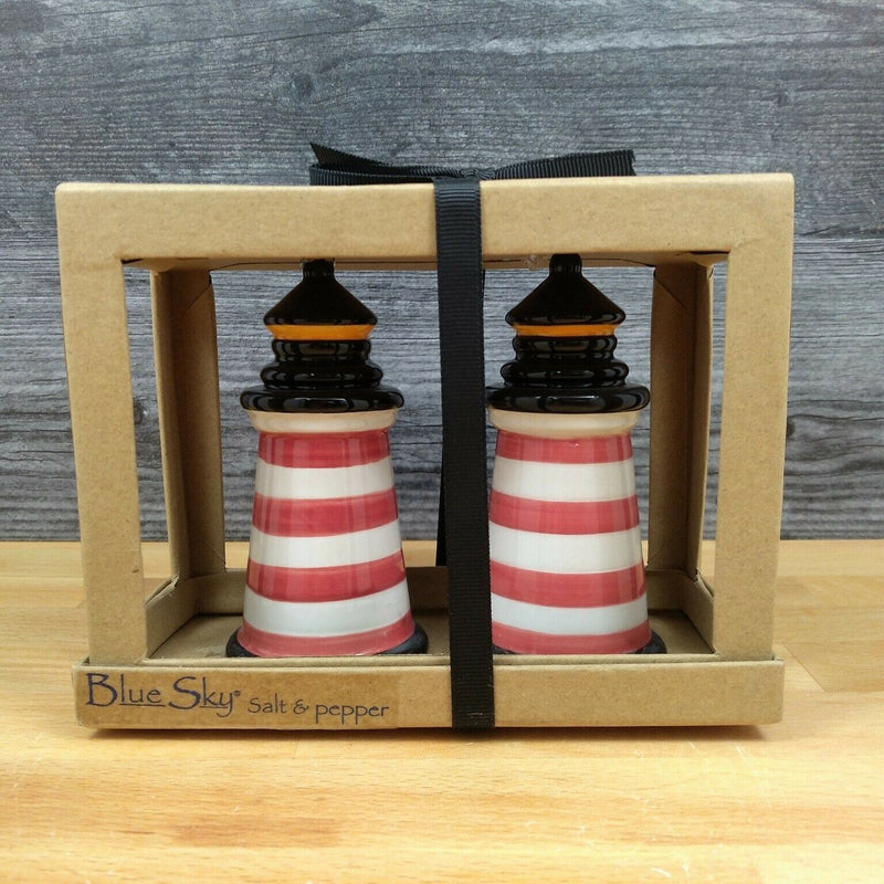 Load image into Gallery viewer, Red Striped Lighthouse Salt Pepper Set Collectible by Blue Sky Clayworks
