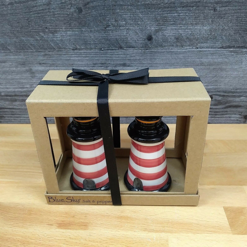 Load image into Gallery viewer, Red Striped Lighthouse Salt Pepper Set Collectible by Blue Sky Clayworks
