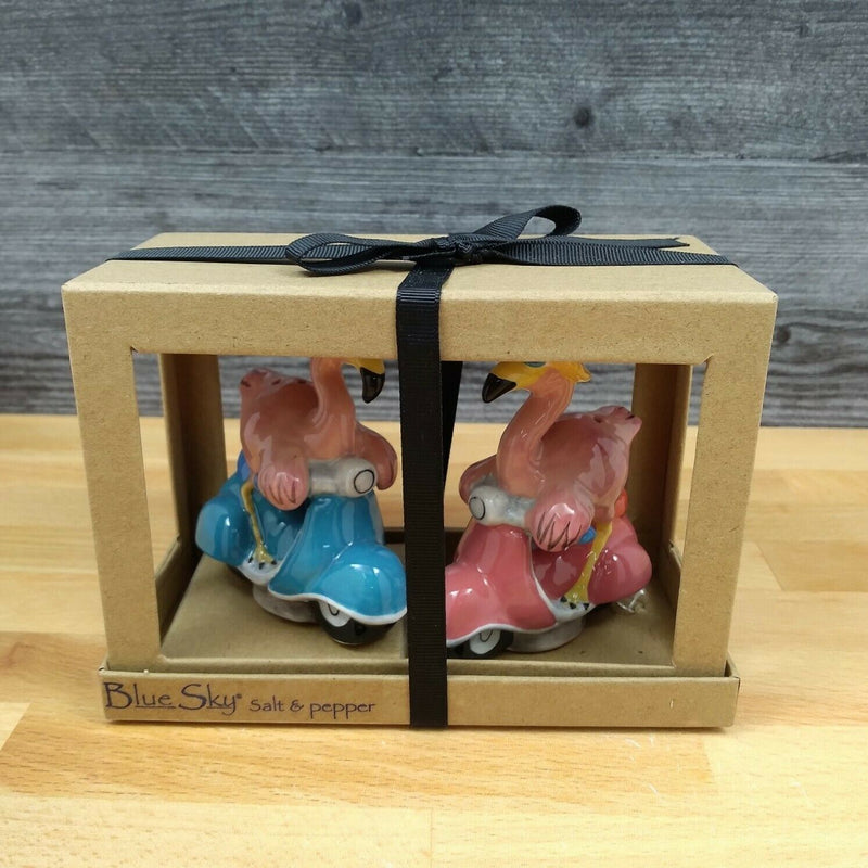 Load image into Gallery viewer, Pink Flamingos on Scooters Salt Pepper Set Collectible by Blue Sky Clayworks

