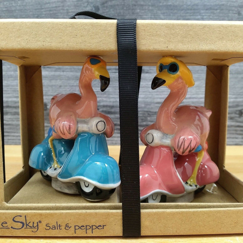 Load image into Gallery viewer, Pink Flamingos on Scooters Salt Pepper Set Collectible by Blue Sky Clayworks
