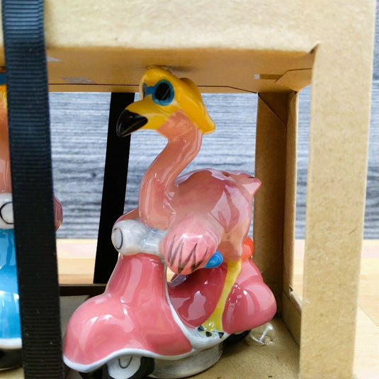 Pink Flamingos on Scooters Salt Pepper Set Collectible by Blue Sky Clayworks