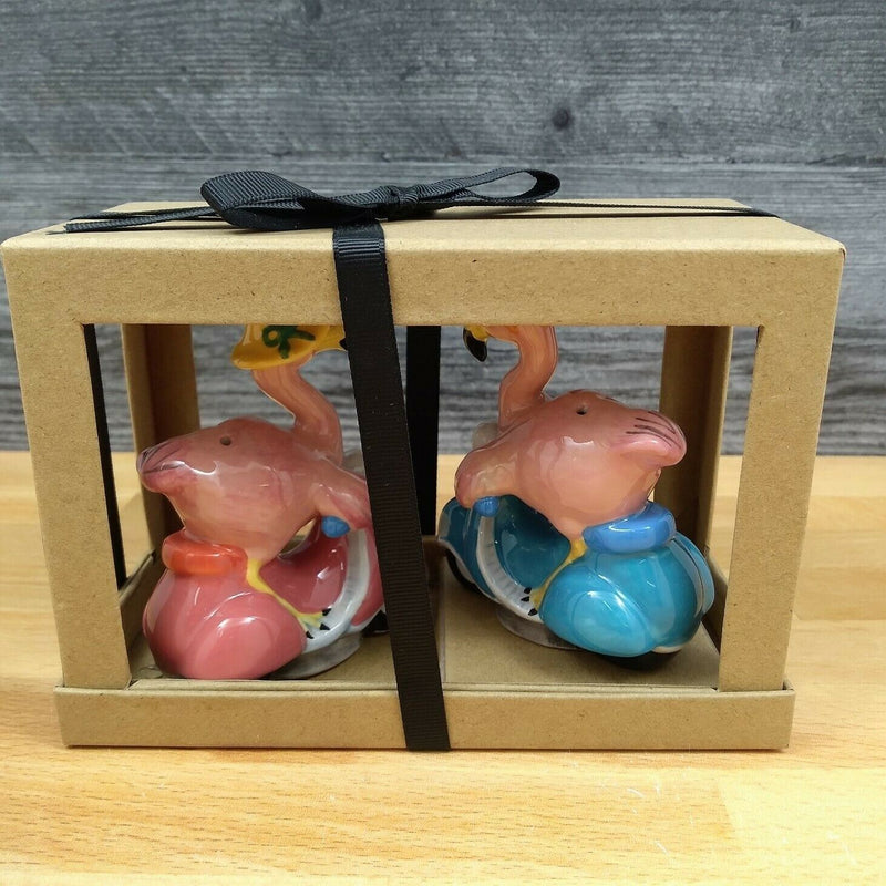 Load image into Gallery viewer, Pink Flamingos on Scooters Salt Pepper Set Collectible by Blue Sky Clayworks
