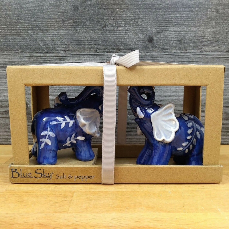 Load image into Gallery viewer, Floral Blue Elephants Salt Pepper Set Collectible by Blue Sky Clayworks

