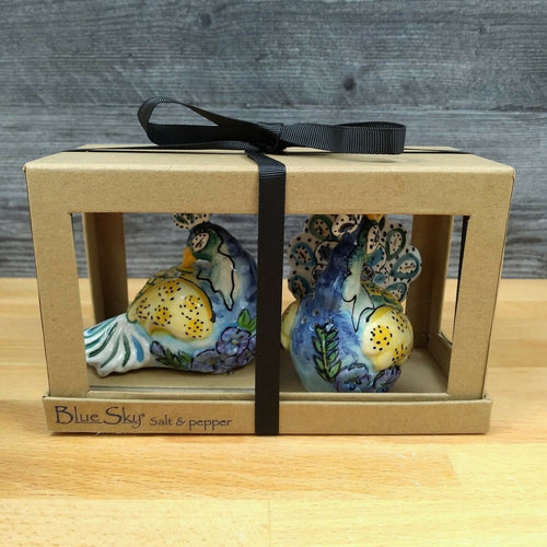Blue Peacock Salt Pepper Set Collectible by Blue Sky Clayworks