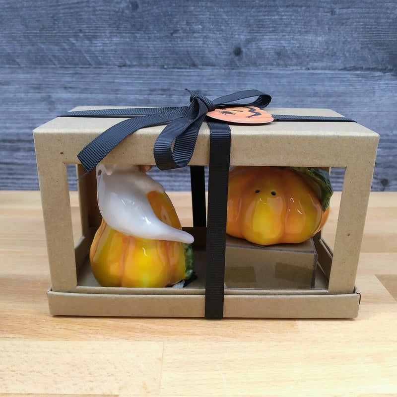 Load image into Gallery viewer, Halloween Pumpkins &amp; Ghosts Salt Pepper Set Collectible by Blue Sky Clayworks
