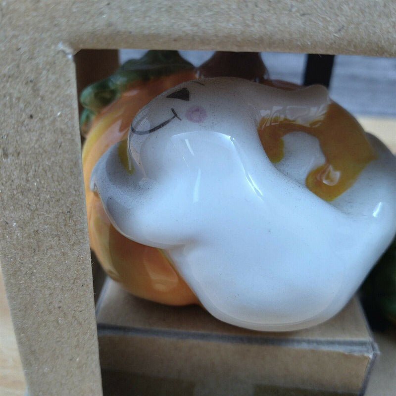 Load image into Gallery viewer, Halloween Pumpkins &amp; Ghosts Salt Pepper Set Collectible by Blue Sky Clayworks
