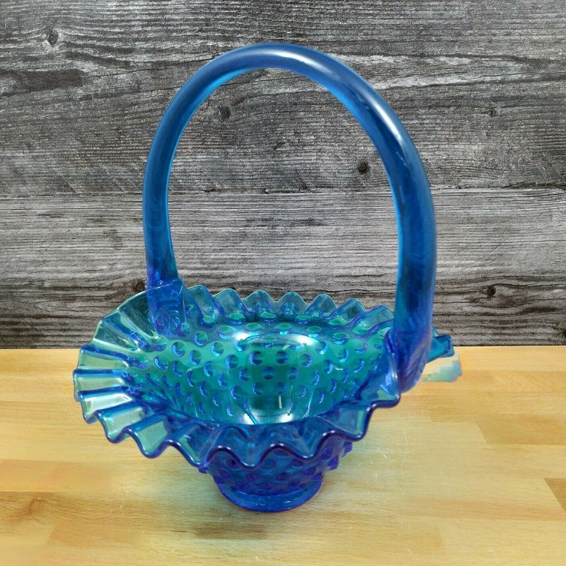 Load image into Gallery viewer, Fenton Hobnail Blue Glass Basket with Handle and Ruffled Edge
