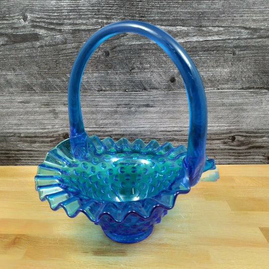 Fenton Hobnail Blue Glass Basket with Handle and Ruffled Edge