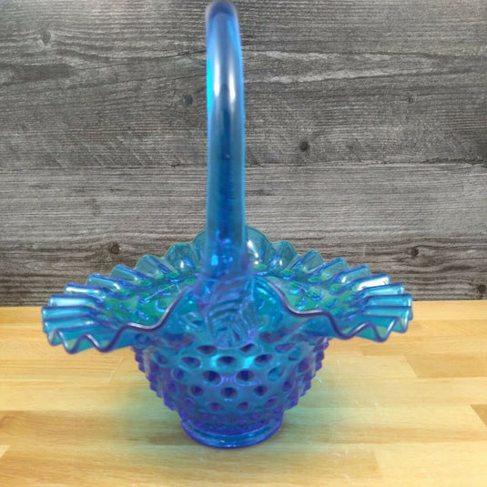 Fenton Hobnail Blue Glass Basket with Handle and Ruffled Edge